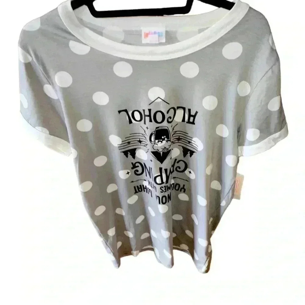 Lularoe‎ M grey white polka dot custom Liv T. Upside down camping/alcohol.NWT.